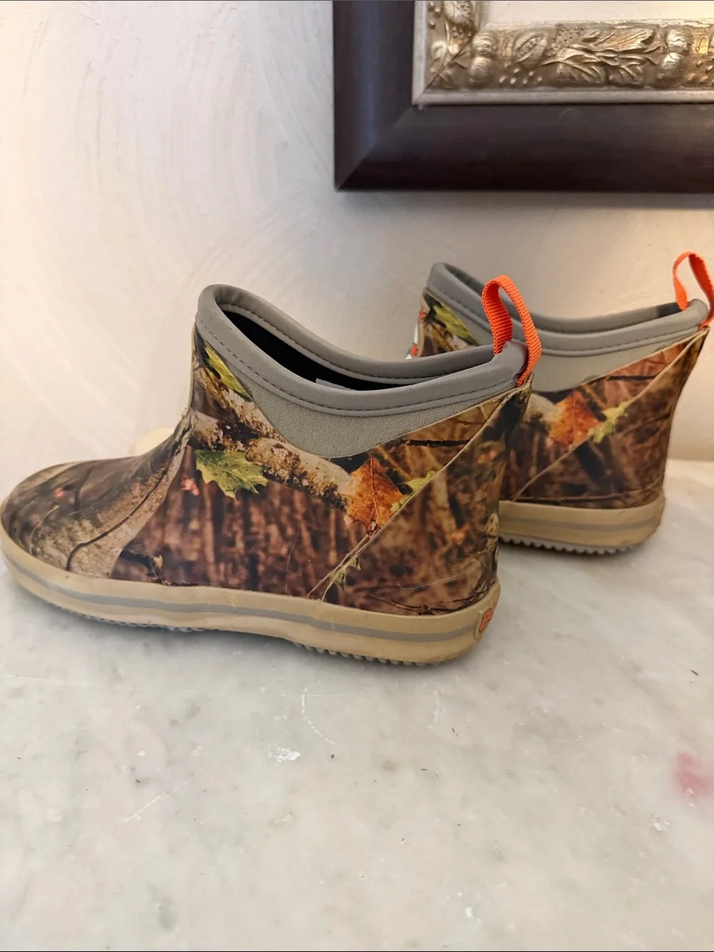 Buoy Camo Slip-On Rain Clogs with Orange Pull Tabs